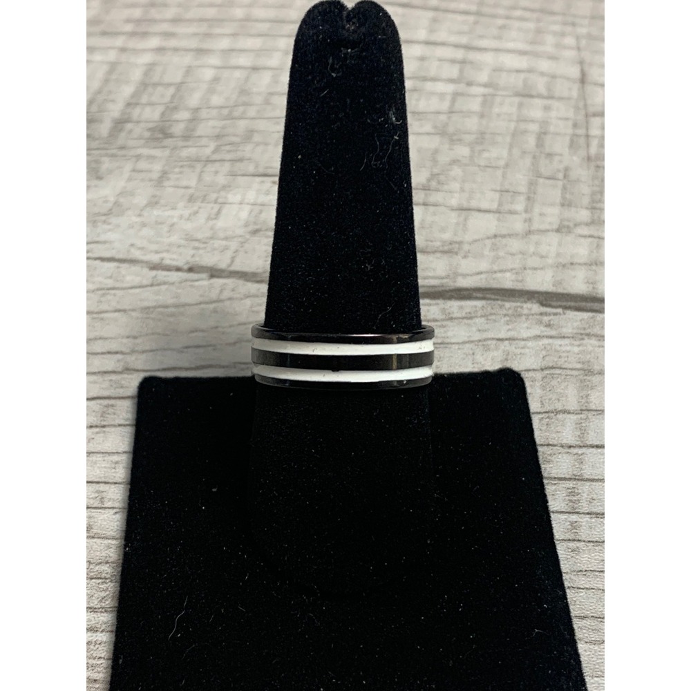 Black Band Ring with Double White Enamel Stripes Size 10.25 Modern Minimalist